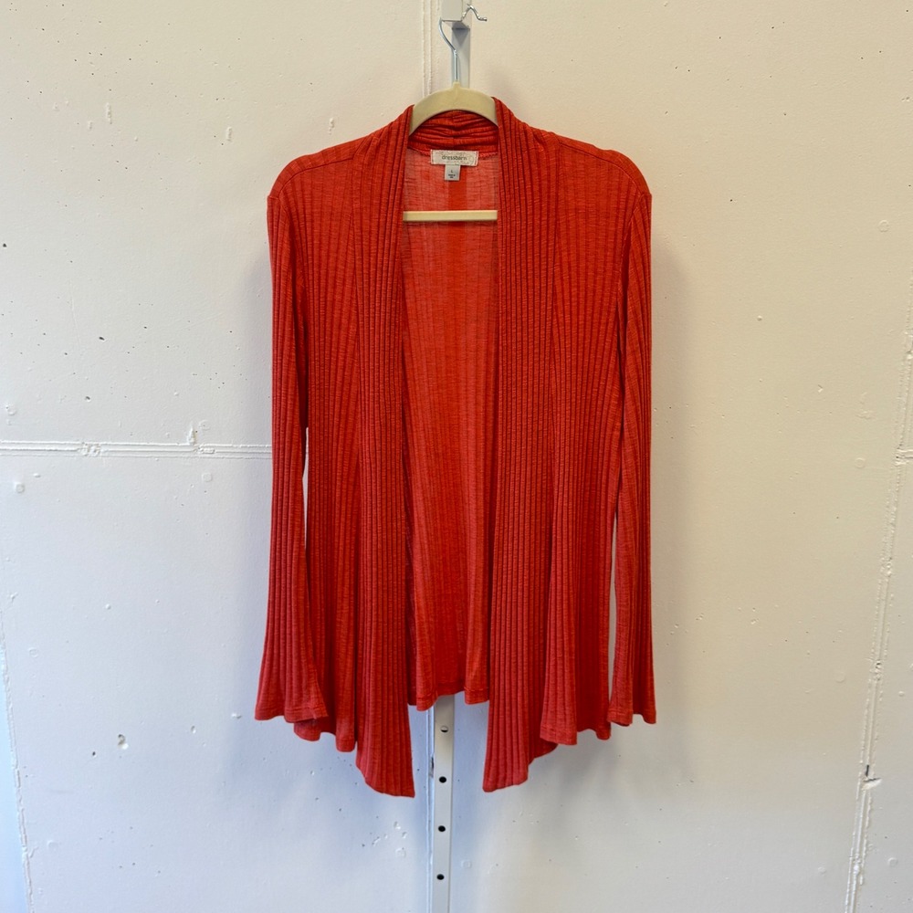 Dressbarn Orange Ribbed Open Front Draped Cardigan Sweater Size L USA Made